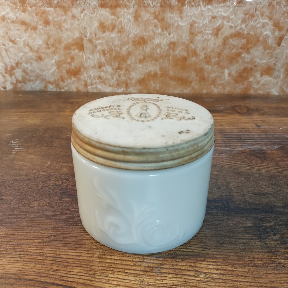 Vintage Daggett & Ramsdell Milk Glass Vanity Cold Cream Jar with Metal Lid 3"